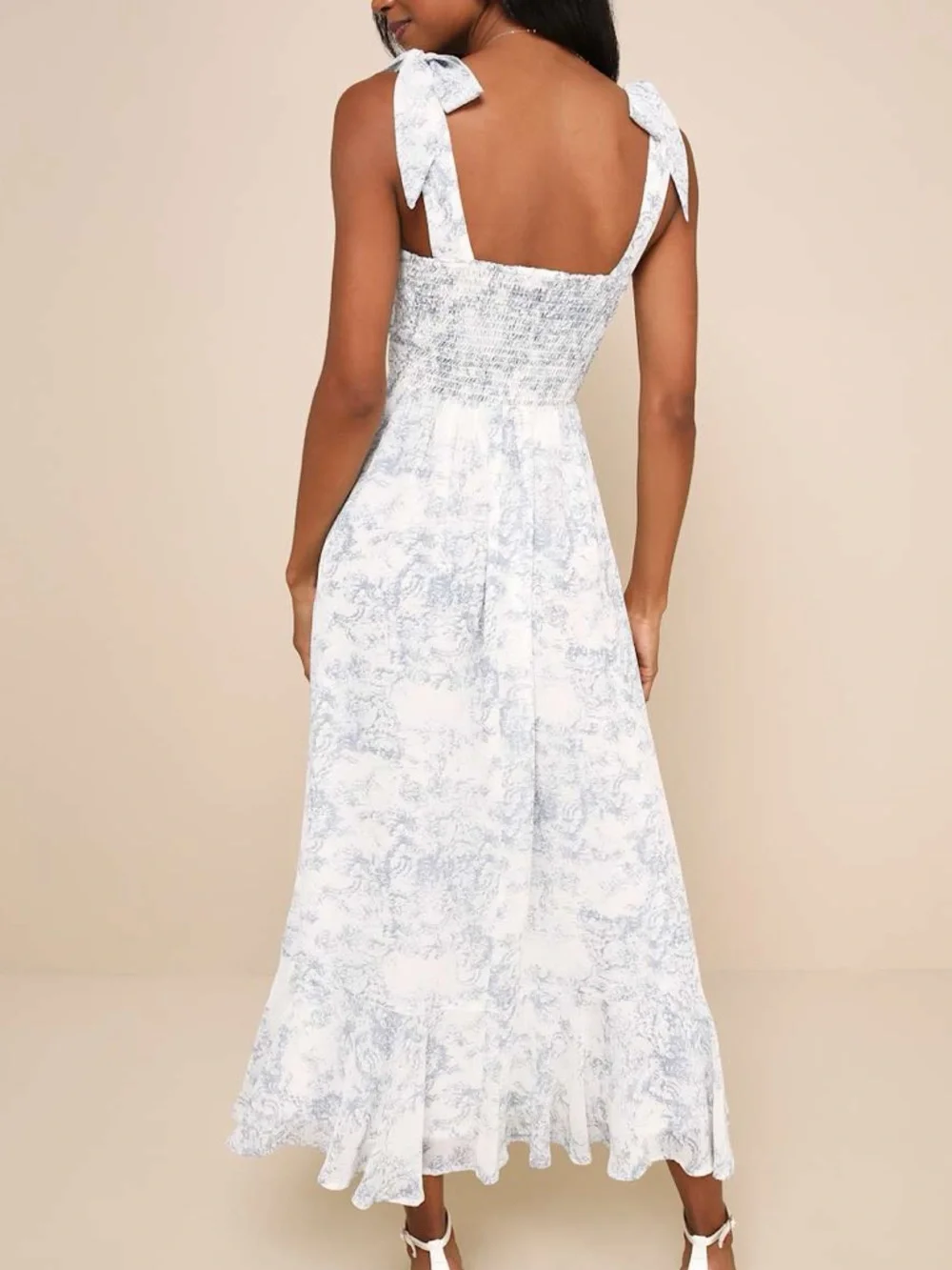 NWT Lulus Summer Invite White and Blue Toile Tie-Strap Tiered Midi Dress - Picture 2 of 7